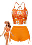 Orange 1960er Blumen Rückenfrei Bikini Set
