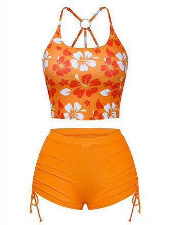 Orange 1960er Blumen Rückenfrei Bikini Set
