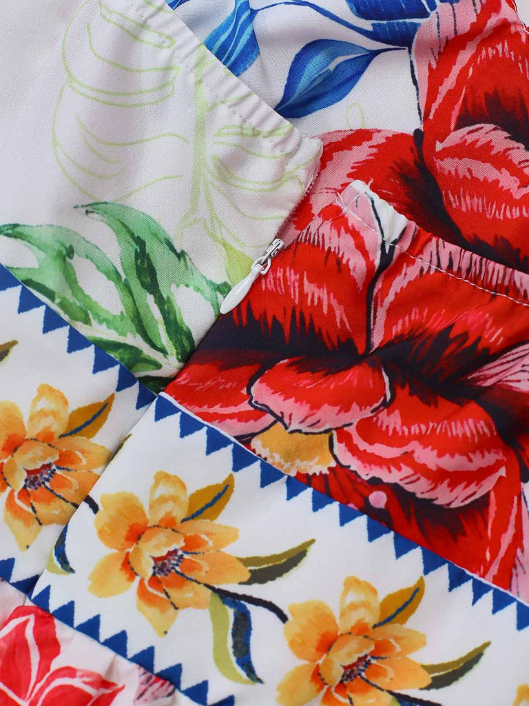 Mehrfarbiges 70er Ärmelloses Maxikleid mit V-Ausschnitt und Blumen