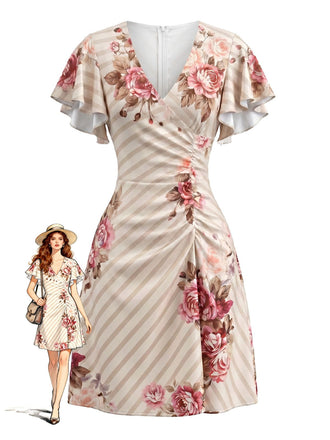 60er Satin-Kleid mit Flatterärmel und V-Ausschnitt