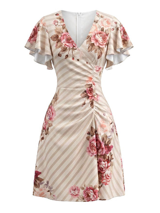 60er Satin-Kleid mit Flatterärmel und V-Ausschnitt