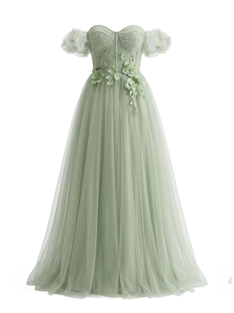 Grünes 30er Swingkleid mit Schulterfreiheit und Blumen