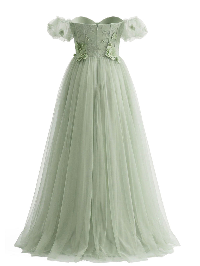 Grünes 30er Swingkleid mit Schulterfreiheit und Blumen