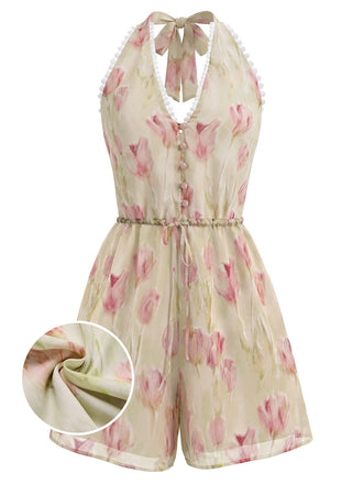 Rosa 40er Romper mit Tulpen und Kordelzug