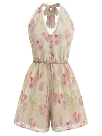 Rosa 40er Romper mit Tulpen und Kordelzug