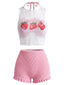 Rosa 50er Bikini-Set & Erdbeer-Cover-Up mit Smock-Design und Neckholder