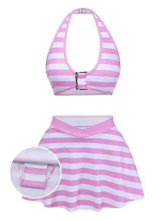 Rosa 50er Bikini-Set mit Neckholder und Rüschen