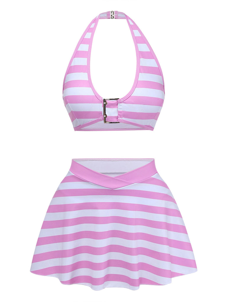 Rosa 50er Bikini-Set mit Neckholder und Rüschen