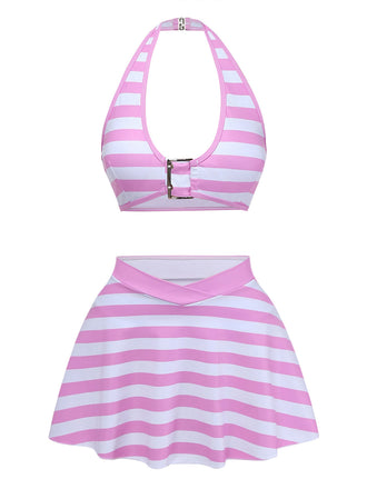 Rosa 50er Bikini-Set mit Neckholder und Rüschen