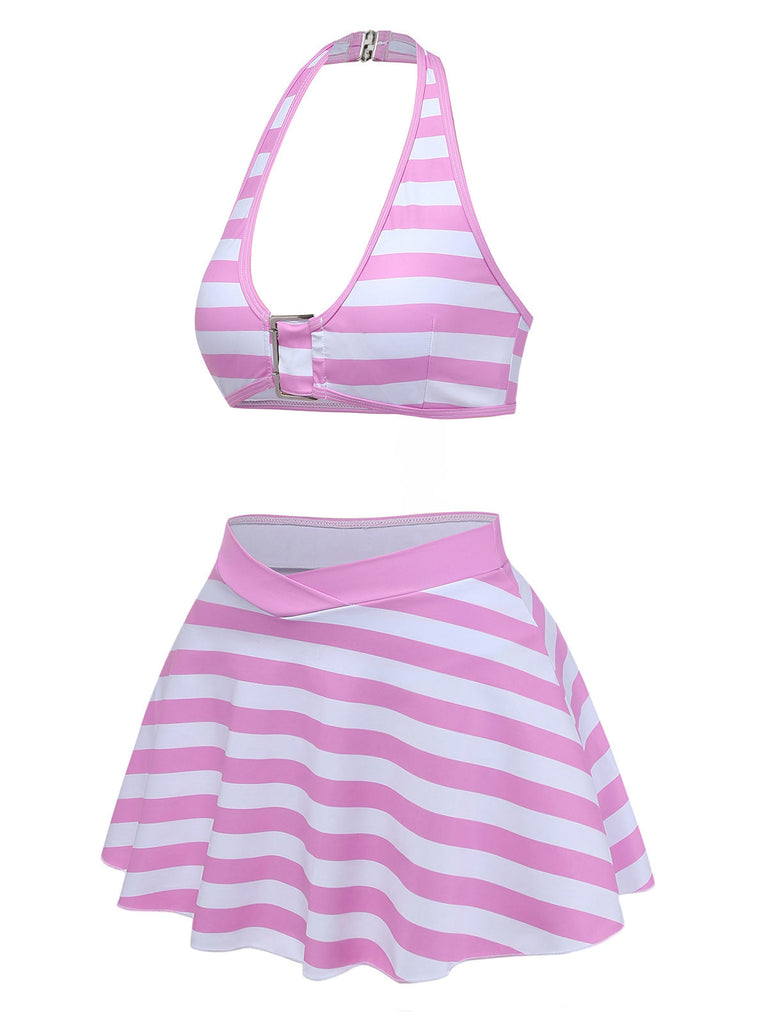 Rosa 50er Bikini-Set mit Neckholder und Rüschen