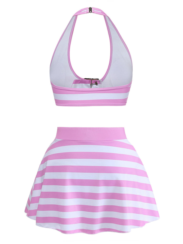 Rosa 50er Bikini-Set mit Neckholder und Rüschen
