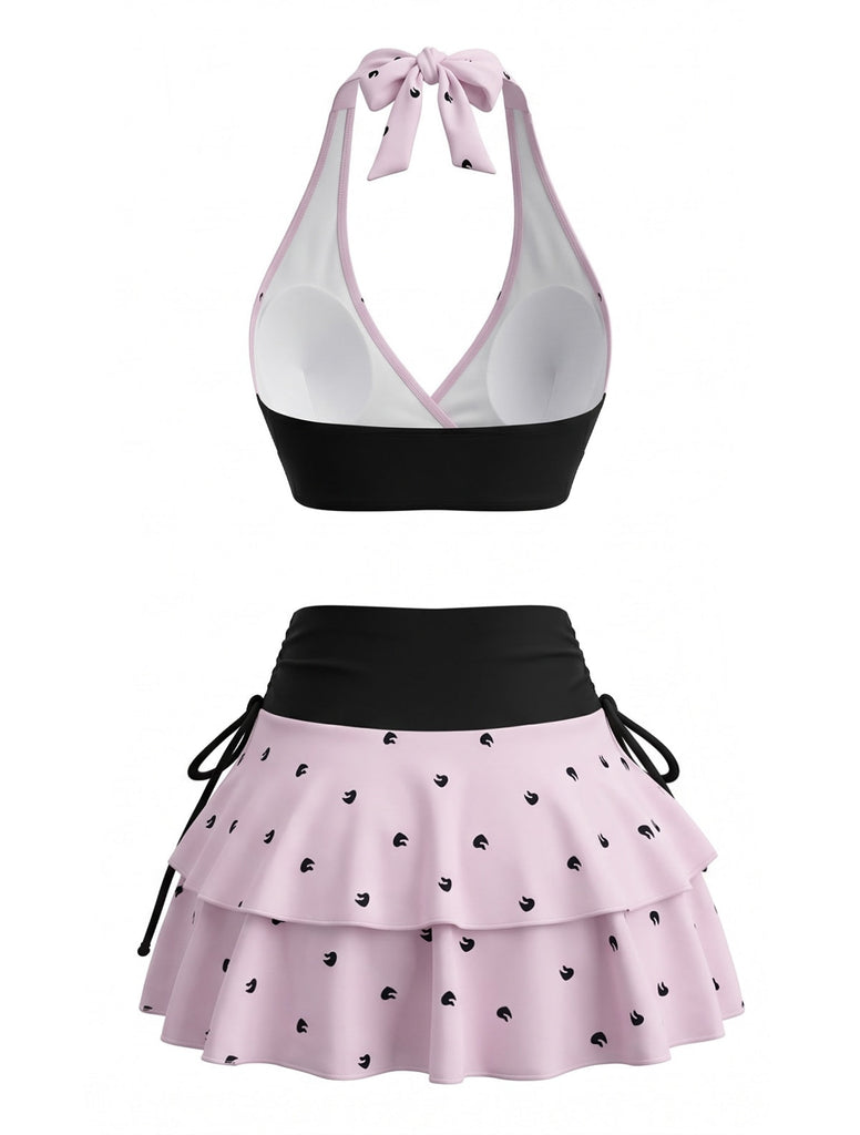 Rosa 80er Bikini-Set & Shorts & Cover-Up mit Polka-Dots und Neckholder