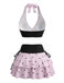 Rosa 80er Bikini-Set & Shorts & Cover-Up mit Polka-Dots und Neckholder