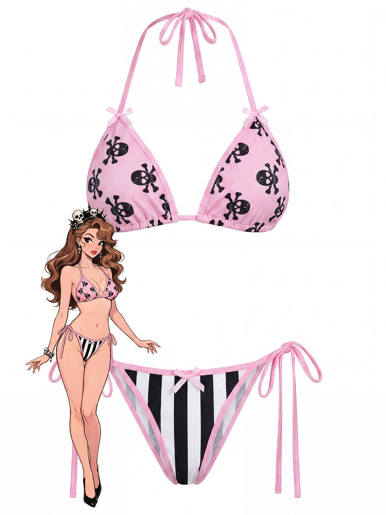 Rosa 80er Gothic Bikini-Set mit Streifen und Totenkopf