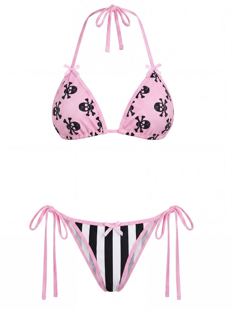 Rosa 80er Gothic Bikini-Set mit Streifen und Totenkopf