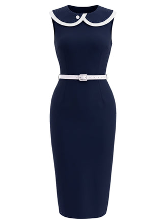 Blaues 60er Ärmelloses Bleistiftkleid mit Reverskragen
