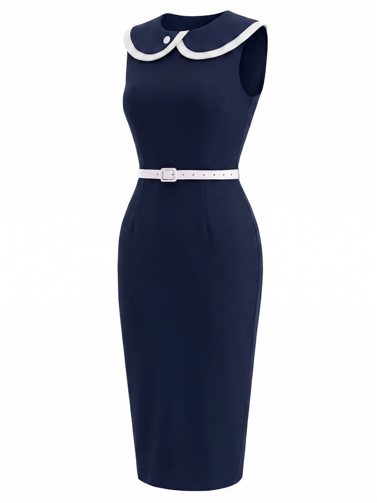 Blaues 60er Ärmelloses Bleistiftkleid mit Reverskragen