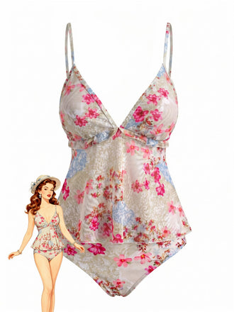 Rosa 30er Tankini-Set mit Spaghettiträger und Blumen