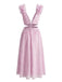 Rosa Chiffonkleid im Stil der 1930er Jahre mit Blumenmuster, Rüschen und V-Ausschnitt