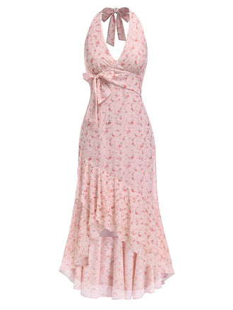 Rosa 1930er Blumen Rüschen Halfter V-Ausschnitt Kleid