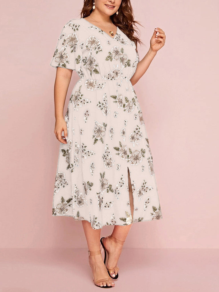 [Übergröße] Rosa 40er Kleid mit Blumen-Print und Kurzarm