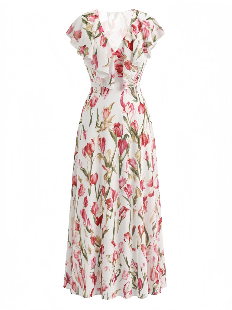 Rosa 40er Kleid mit Flatterärmel und V-Ausschnitt