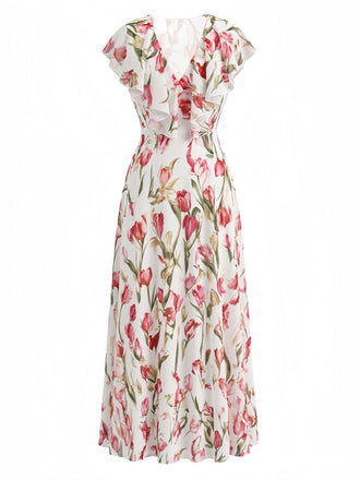 Rosa 40er Kleid mit Flatterärmel und V-Ausschnitt