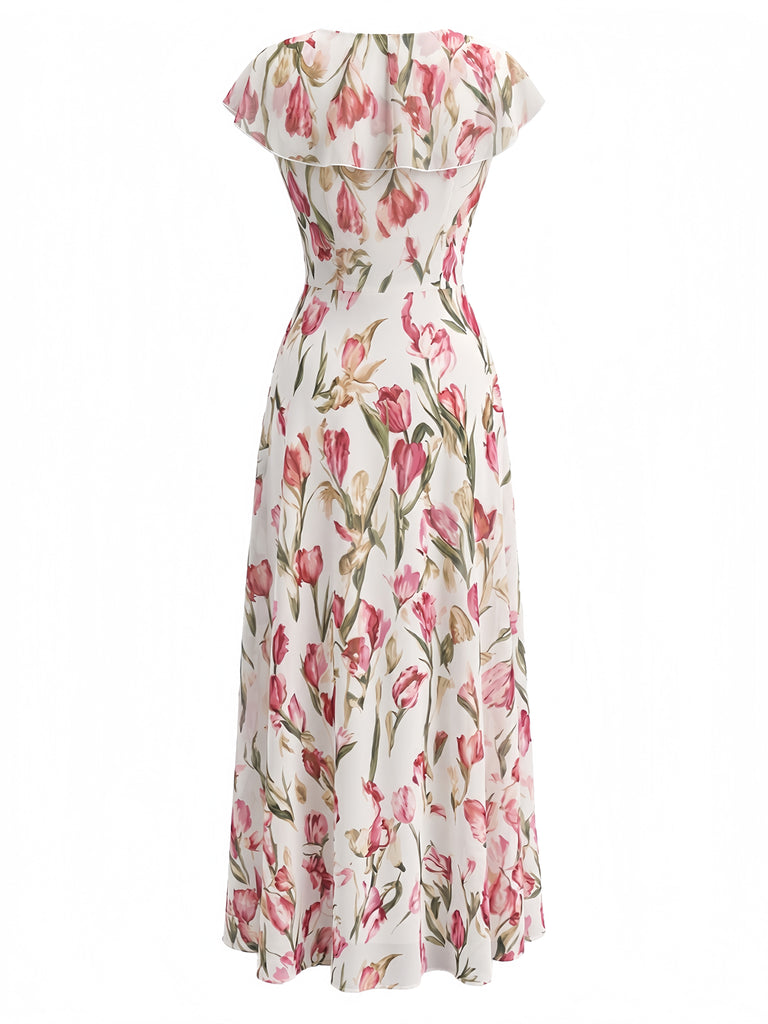 Rosa 40er Kleid mit Flatterärmel und V-Ausschnitt