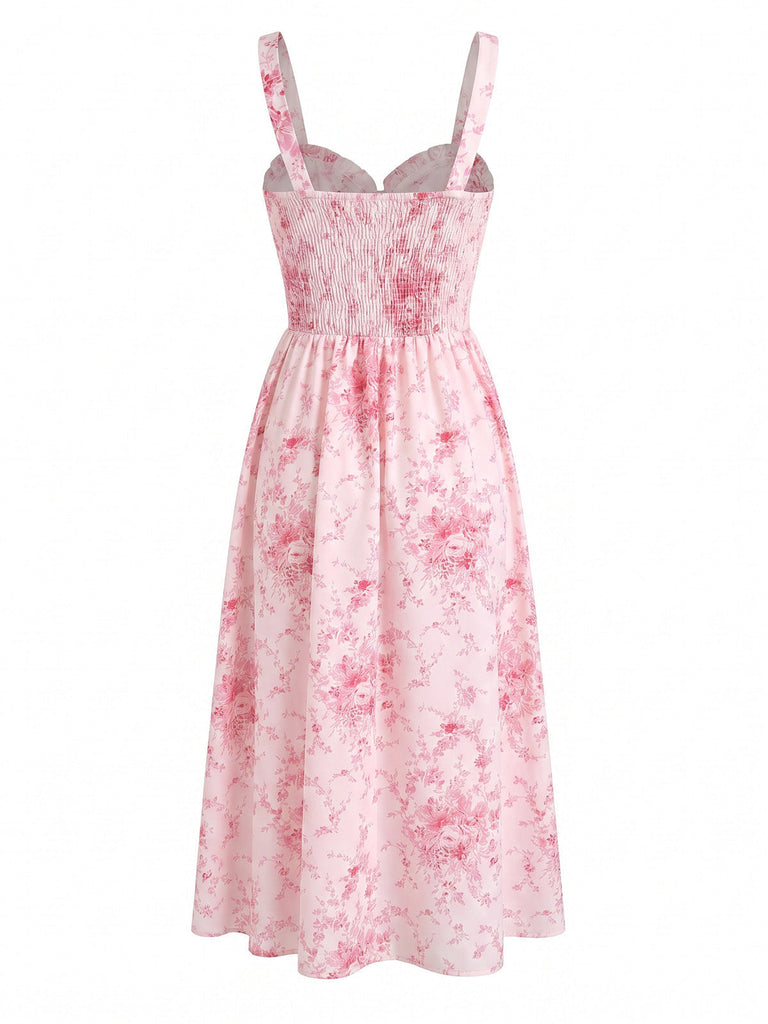 Rosa 40er Smockkleid mit Blumen und Rüschen