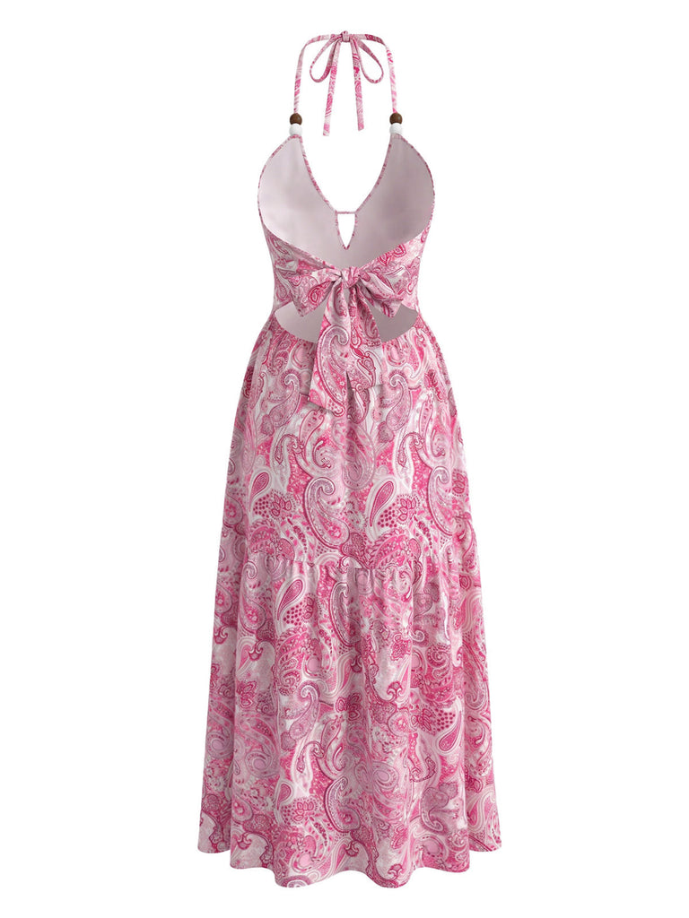 Rosa 40er Maxikleid mit Neckholder und Paisley