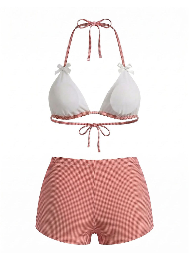 Rosa 50er Bikini-Set & Shorts mit Schleife und Hohe Taille