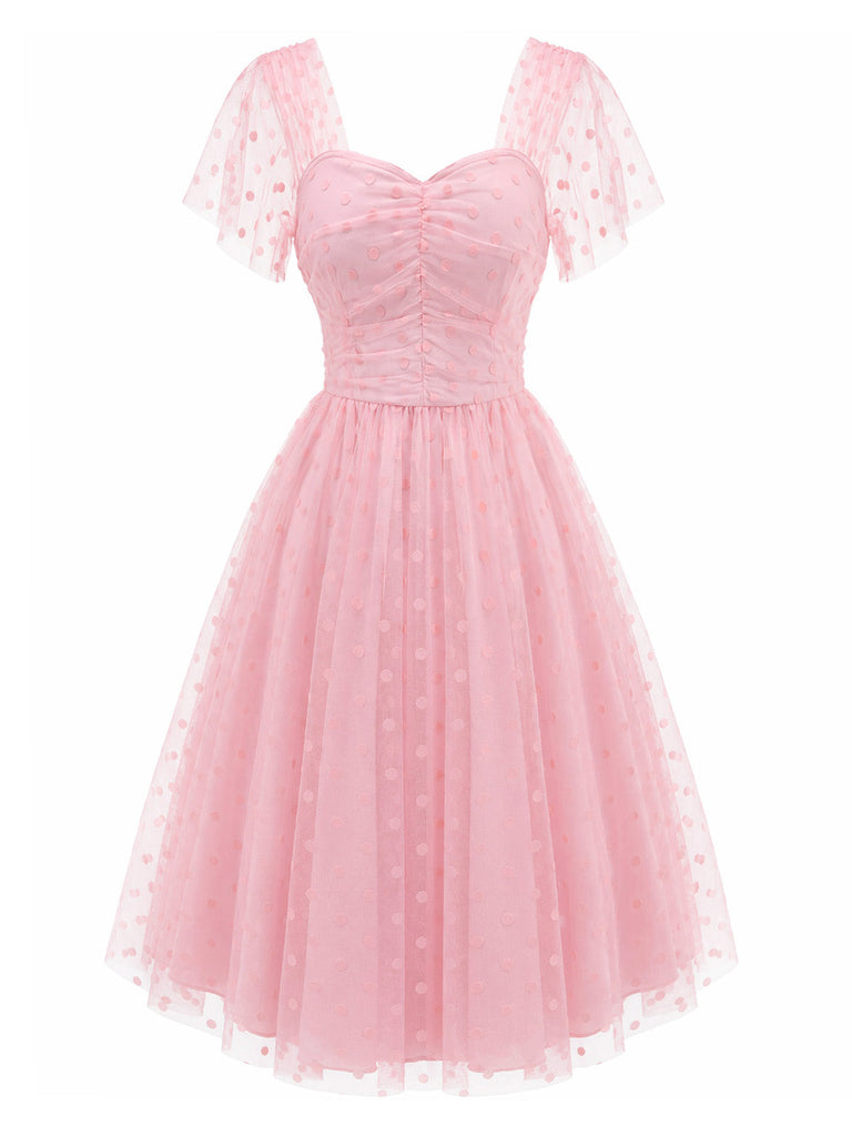 Rosa 50er Netzkleid mit Herzausschnitt und Polka-Dots