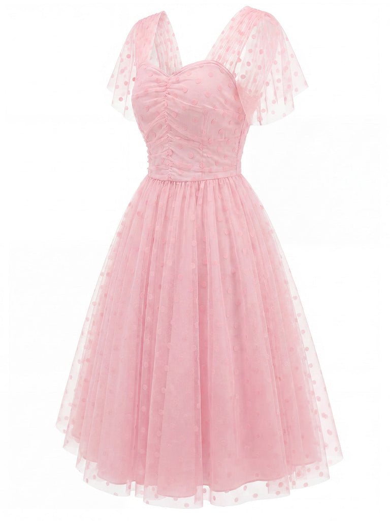 Rosa 50er Netzkleid mit Herzausschnitt und Polka-Dots