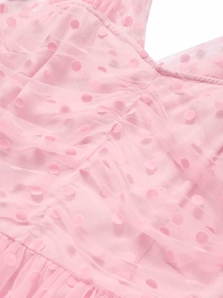 Rosa 50er Netzkleid mit Herzausschnitt und Polka-Dots