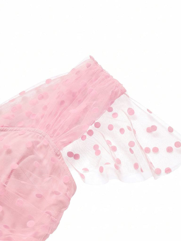 Rosa 50er Netzkleid mit Herzausschnitt und Polka-Dots