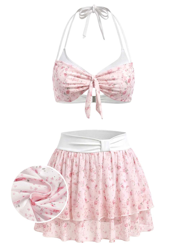 Rosa 50er Bikini-Set mit Ditsy-Blumen und Neckholder