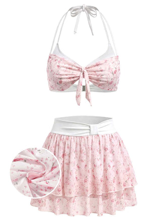 Rosa 50er Bikini-Set mit Ditsy-Blumen und Neckholder
