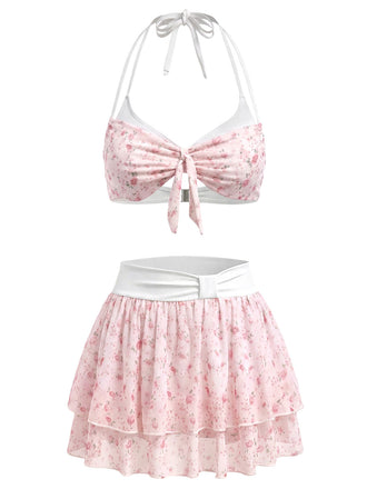 Rosa 50er Bikini-Set mit Ditsy-Blumen und Neckholder