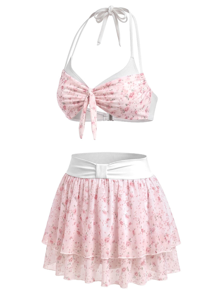 Rosa 50er Bikini-Set mit Ditsy-Blumen und Neckholder
