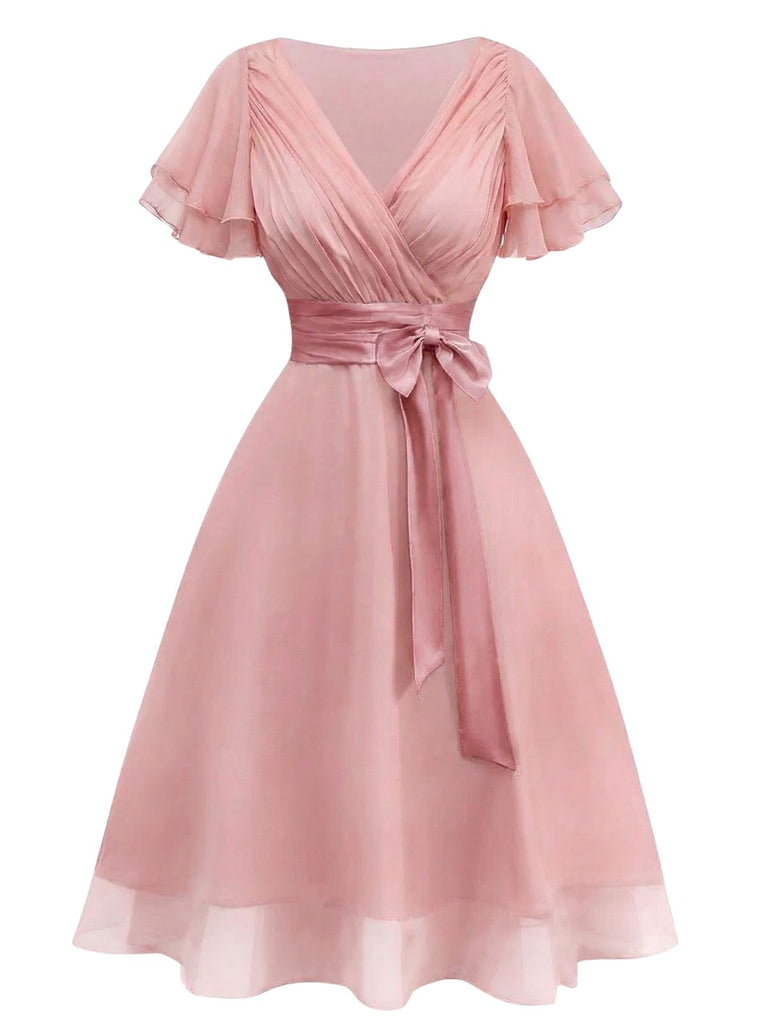 Rosa 50er Satin-Kleid mit Tüll und Bindeband