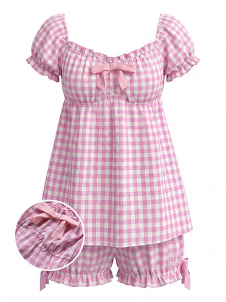 Rosa 1960er Bogen Gingham Rüschen Pyjama Set