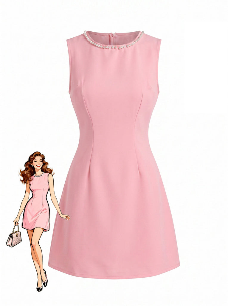 Rosa 60er Ärmelloses Kleid mit A-Linie und Perlen