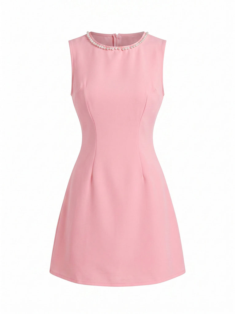 Rosa 60er Ärmelloses Kleid mit A-Linie und Perlen