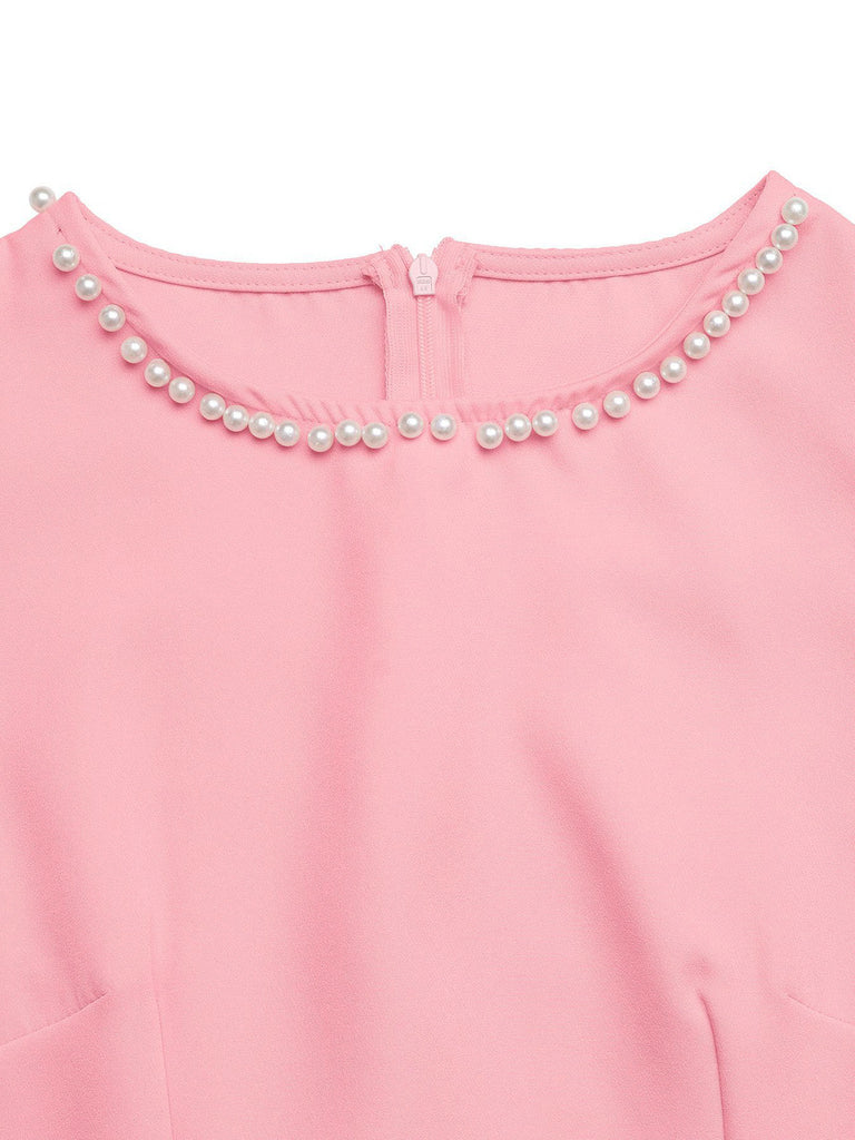 Rosa 60er Ärmelloses Kleid mit A-Linie und Perlen
