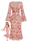 Rosa 70er Top & Rock Set mit Blumen und Glockenärmeln