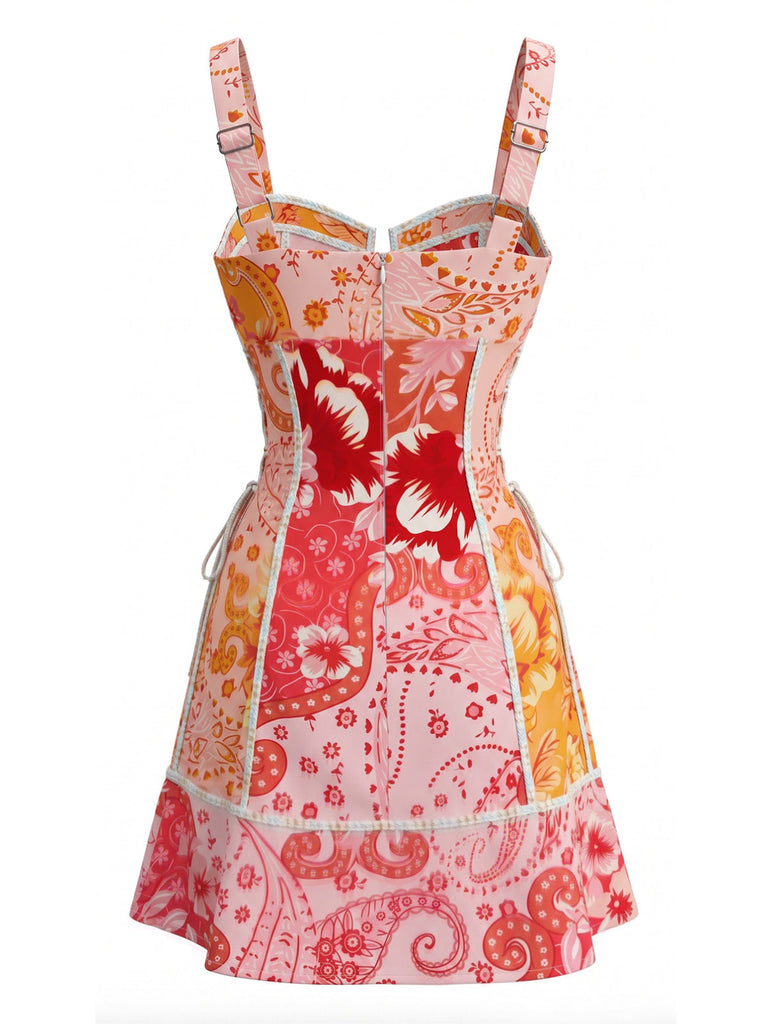 Rosa 70er Minikleid mit Blumen und Schnürung