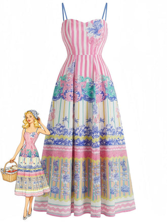 Rosa 70er Tropen Maxikleid mit Spaghettiträger und Print
