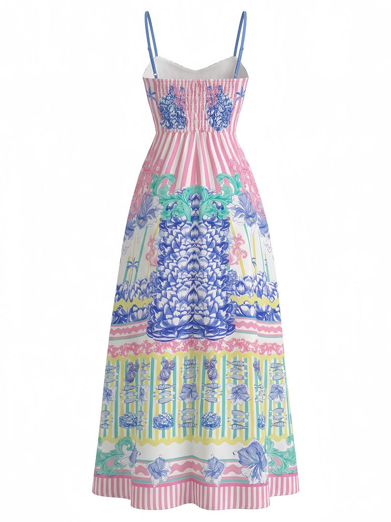 Rosa 70er Tropen Maxikleid mit Spaghettiträger und Print