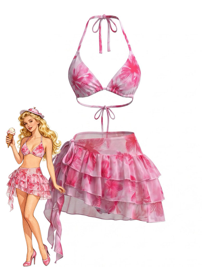 Rosa 80er Netz-Bikini-Set mit Neckholder und Blumen