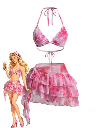Rosa 80er Netz-Bikini-Set mit Neckholder und Blumen